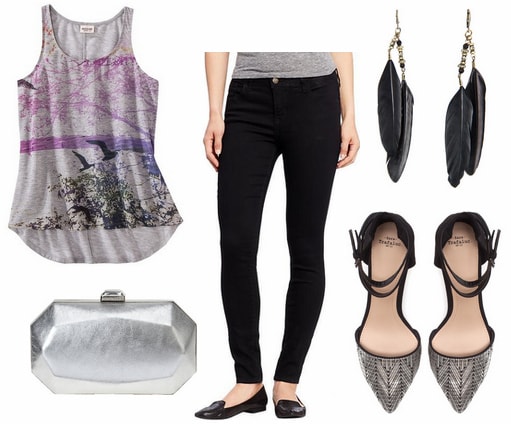Target graphic tank, black jeans, silver clutch