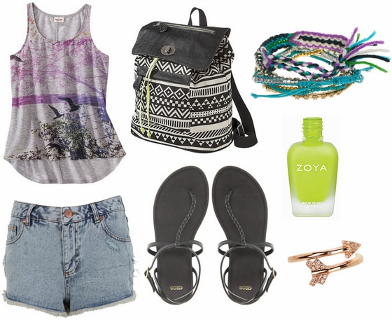 Target graphic tank, denim shorts, black sandals