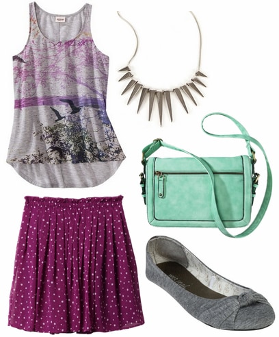Target graphic tank, purple skirt, spike necklace