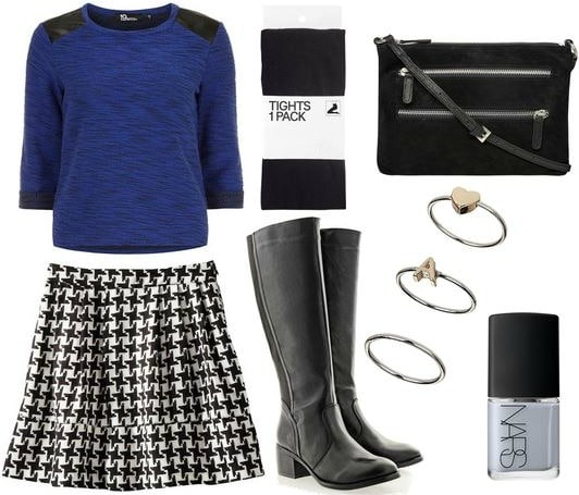 Target houndstooth skirt, cobalt sweater, riding boots