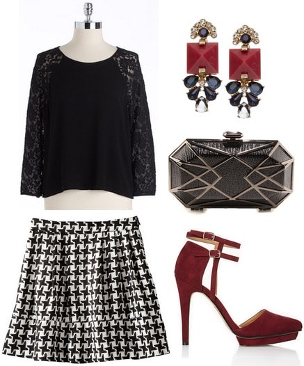 Target houndstooth skirt, lace blouse, deep red pumps
