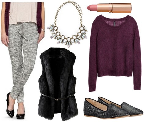Target joggers, sweater, loafers, faux fur vest