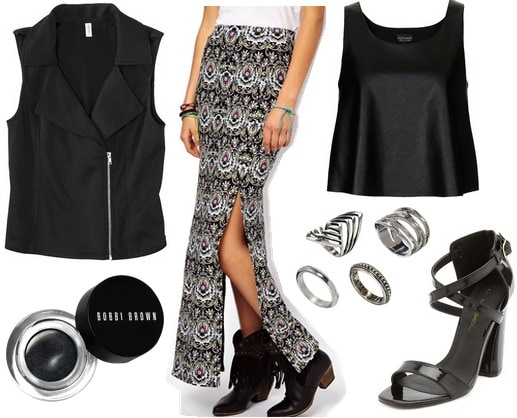 Target moto vest, maxi skirt, faux leather crop top