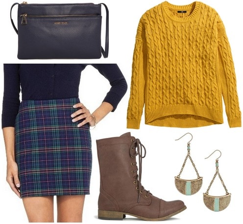 Target plaid skirt, mustard yellow sweater, combat boots