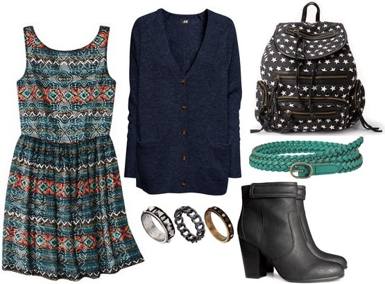 Target printed lace dress, boots, backpack, cardigan, belt, rings