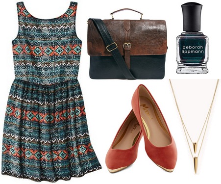Target printed lace dress, flats, satchel, long necklace, nail polish