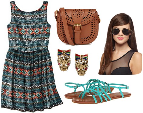 Target printed lace dress, sandals, crossbody bag, earrings, aviators