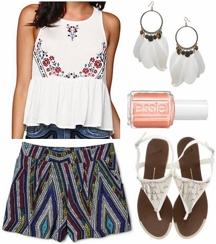 Target printed shorts, embroidered blouse, sandals
