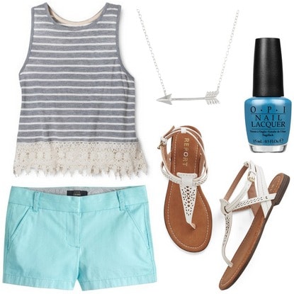 Target stripe lace tank, aqua shorts, sandals