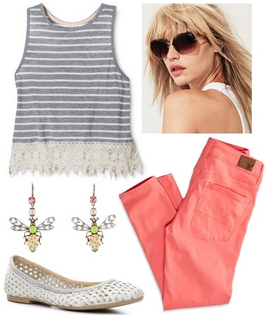 Target stripe lace tank, coral skinnies, woven flats