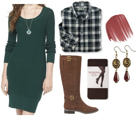 Target sweater dress, plaid shirt, riding boots