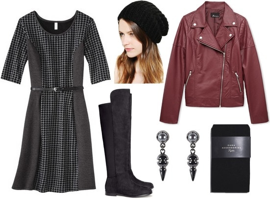 Target textured knit dress, burgundy leather jacket, boots