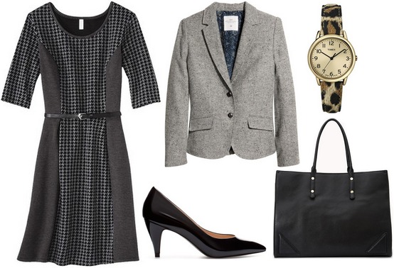 Target textured knit dress, gray blazer, heels, tote