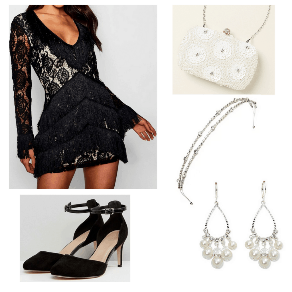 Black tassel dress with white beaded bag, silver headband, pearl earrings and black heels