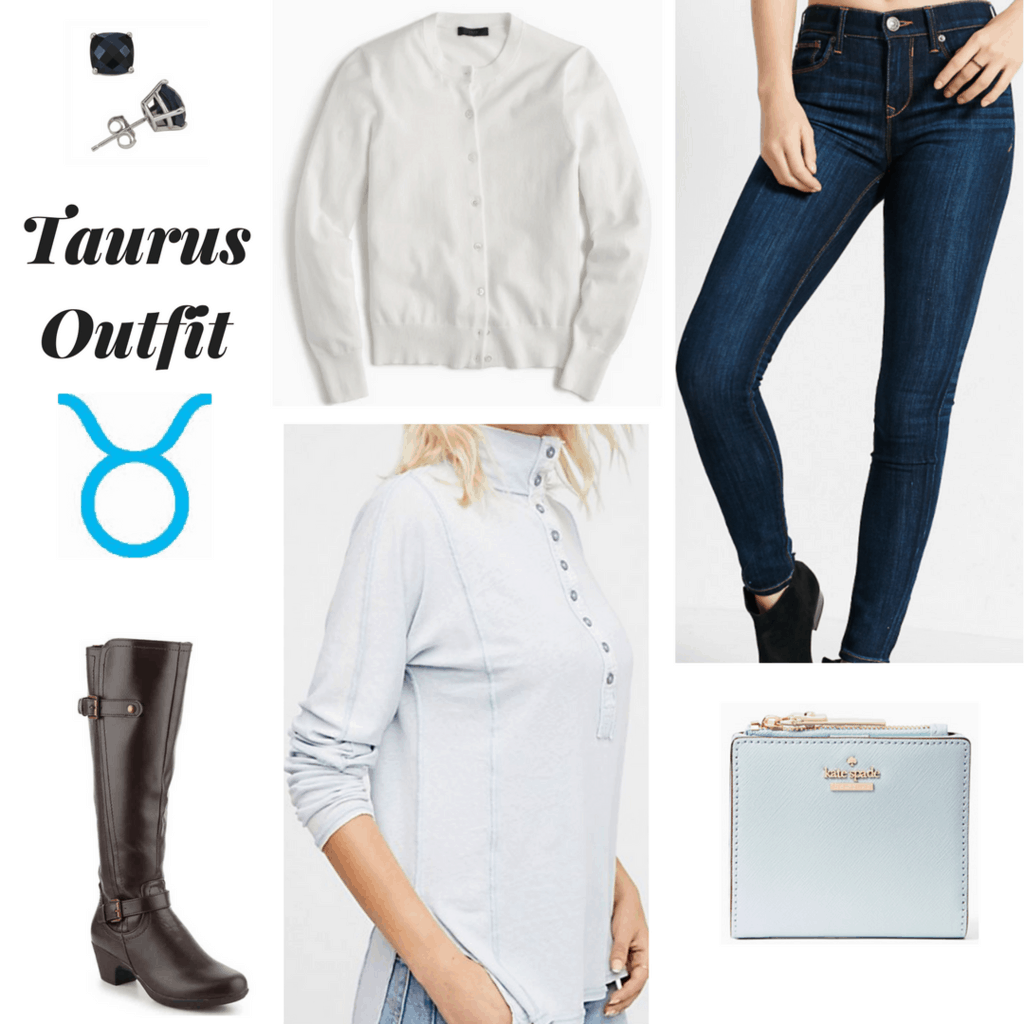 taurus outfit outfit inspired by astrology zodiac fashion white cardigan dark blue skinny jeans light blue henley shirt black knee-high boots mint green purse onyx earrings