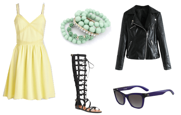 Taylor Swift meets Kim Kardashian outfit - yellow dress, leather jacket, gladiator sandals, wayfarers