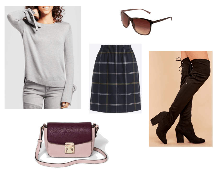 Outfit inspired by Taylor Swift: Plaid skirt in navy blue, gray sweater, pink and purple satchel bag, black lace up over the knee boots