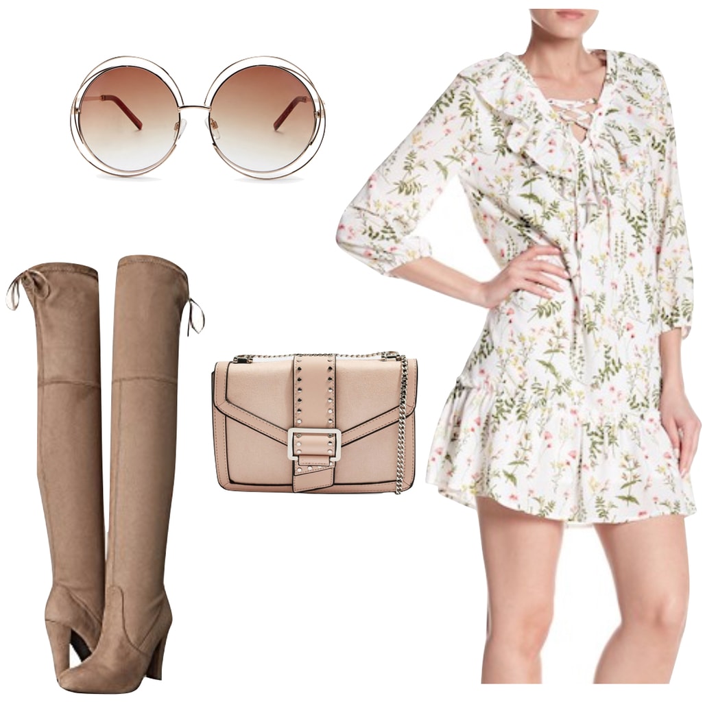 Taylor Swift Outfit: round oversized sunglasses, floral lace-up mini dress, taupe over the knee boots, studded chainlink strap shoulder bag
