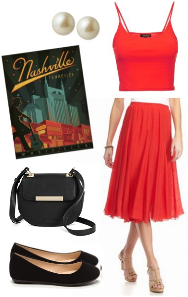 Red crop top and skirt outfit inspired by what Taylor Swift wore to Selena Gomez's concert