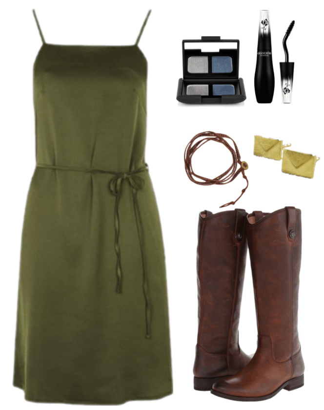 Fashion Inspired by Music Videos: "Tim McGraw," by Taylor Swift--Outfit #2 featuring olive green midi slip dress with tie around the waist, Nars Duo Eyeshadow in "Underworld" with silver and medium blue eyeshadow, Lancôme Grandiôse Extreme mascara, cognac brown leather wrap bracelet with button and bronze-colored beads, gold envelope earrings, brown knee-high cowboy boots