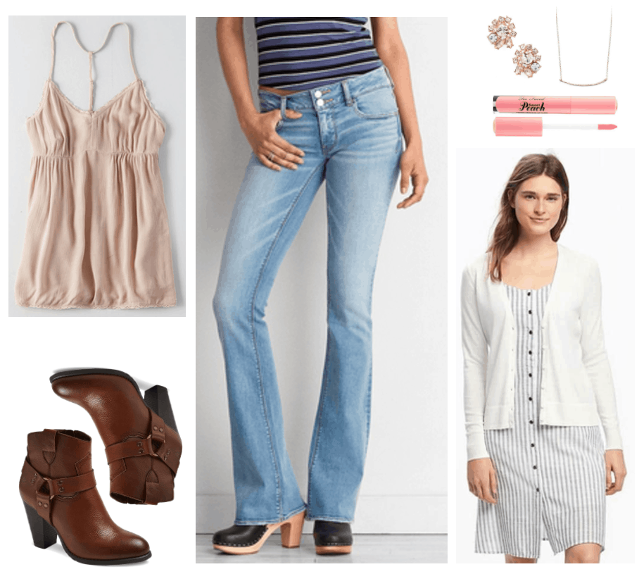 Fashion Inspired by Music Videos: "Tim McGraw," by Taylor Swift--Outfit #3 featuring blush pink babydoll camisole, Western-inspired heeled ankle boots with harness detail and brass colored hardware, light-wash flared jeans, rose gold cluster stud earrings with peach, pale pink, and clear stones, rose gold curved hammered bar necklace, peach pink Too Faced Sweet Peach Creamy Peach Oil Lip Gloss in Peach-Sicle, white cardigan