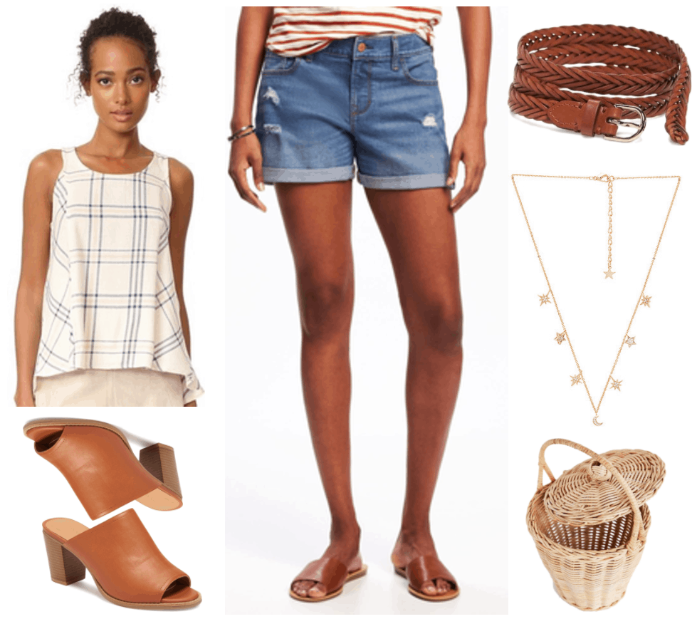Fashion Inspired by Music Videos: "Tim McGraw," by Taylor Swift--Outfit #4 featuring cream-colored tank top with pale pink and dark blue plaid print, cognac brown open-toe heeled mules, destroyed denim cuffed shorts, cognac brown braided leather belt, gold moon and star necklace with clear stones, straw bucket bag with lid