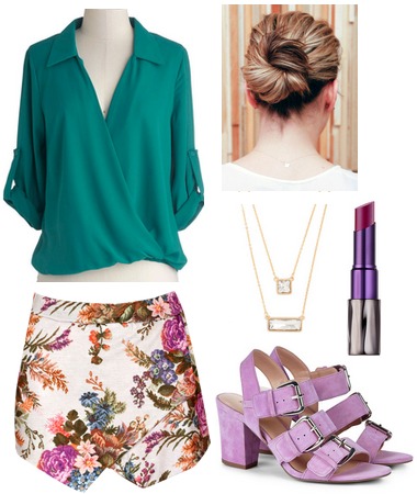 Teal blouse, floral skirt, lilac shoes