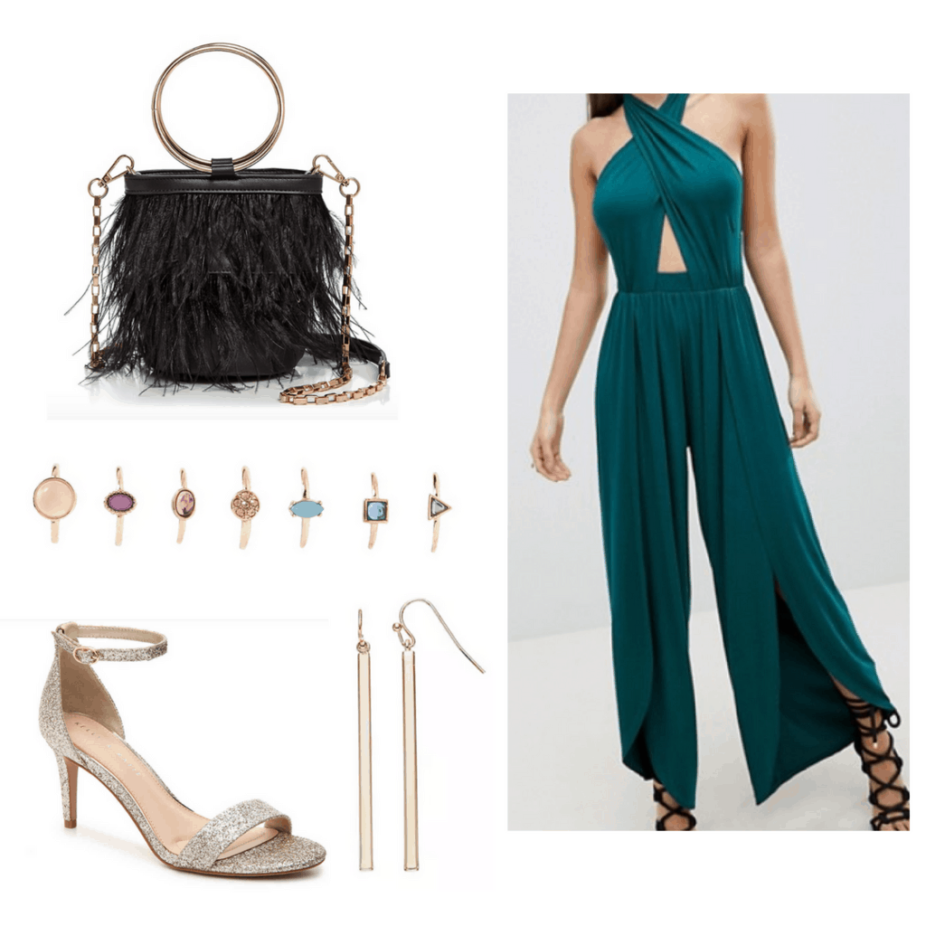 Teal jumpsuit with black fringe hoop handle bag, gold heels, earrings and rings