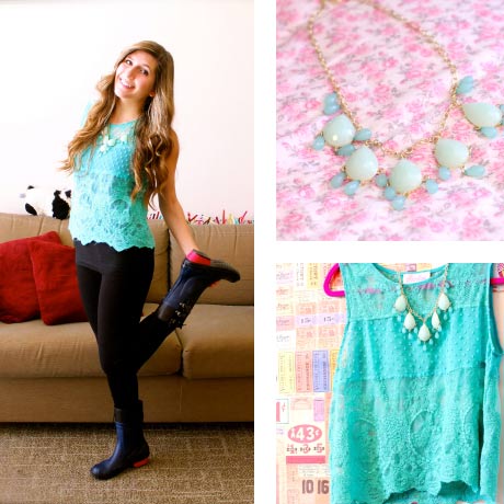 Fancy outfit for a rainy day: Teal tank, statement necklace, jeans, SOREL boots