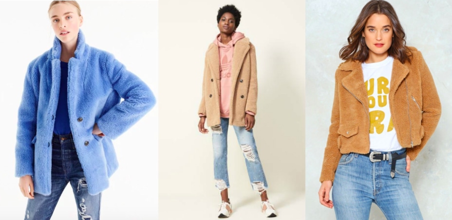Teddy coat trend (from left to right): a bright blue fleece overcoat from J. Crew, a tan oversized Kensie coat from Nordstrom, and a brown biker jacket from Nasty Gal.