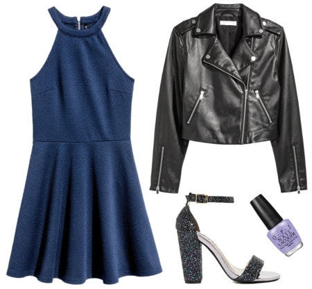 Texture dress moto jacket glitter heels