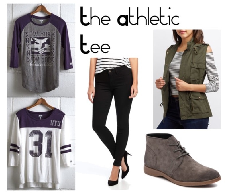 College shirt outfits: How to style a college logo t-shirt or baseball tee with black skinny jeans, a moto vest, and suede booties