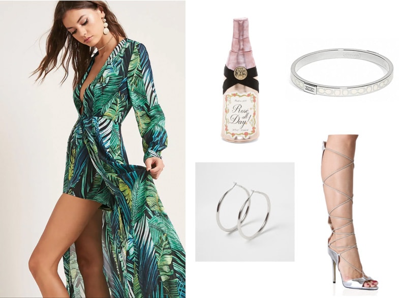 Outfit inspired by the bar scene in the movie The Graduate: Palm print maxi dress with low neck, silver hoop earrings, Rose' all day clutch bag, lace-up silver sandals, white and silver enamel bangle