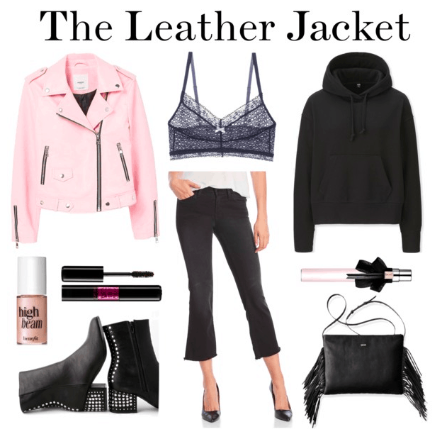 Pink leather jacket, lace bralette, black sweatshirt, cropped jeans, fragrance, fringe bag, studded boots, mascara, highlighter