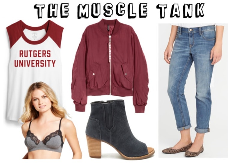 College shirt outfits: How to style a college muscle tank with a bomber jacket, peep toe ankle booties, mom jeans, and a bralette