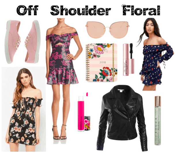 Floral dresses, pink keds, pink shades, leather jacket, lip gloss, fragrance, mascara, floral planner