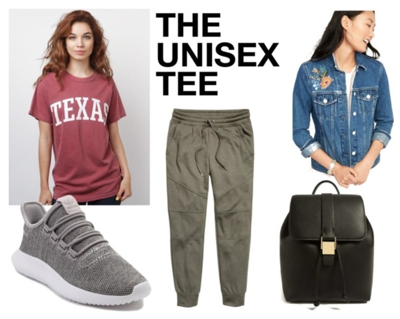 College shirt outfits: How to style a college comfort colors t-shirt with green jogger pants, an embroidered denim jacket, a sleek black backpack, and gray sneakers