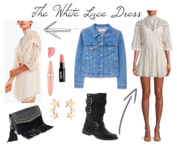 White lace dress, denim jacket, leather boots, fringe bag, mascara, pale pink lipstick, star drop earrings