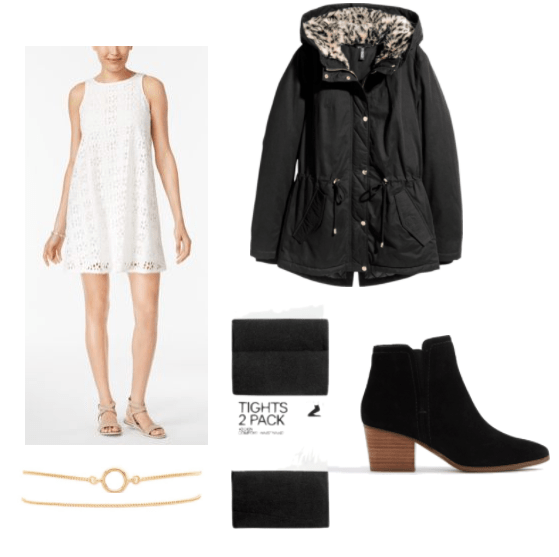 Outfit inspired by Ed Sheeran's Thinking Out Loud with white crochet dress, dainty gold bracelets, black parka, black tights, and simple black ankle boots