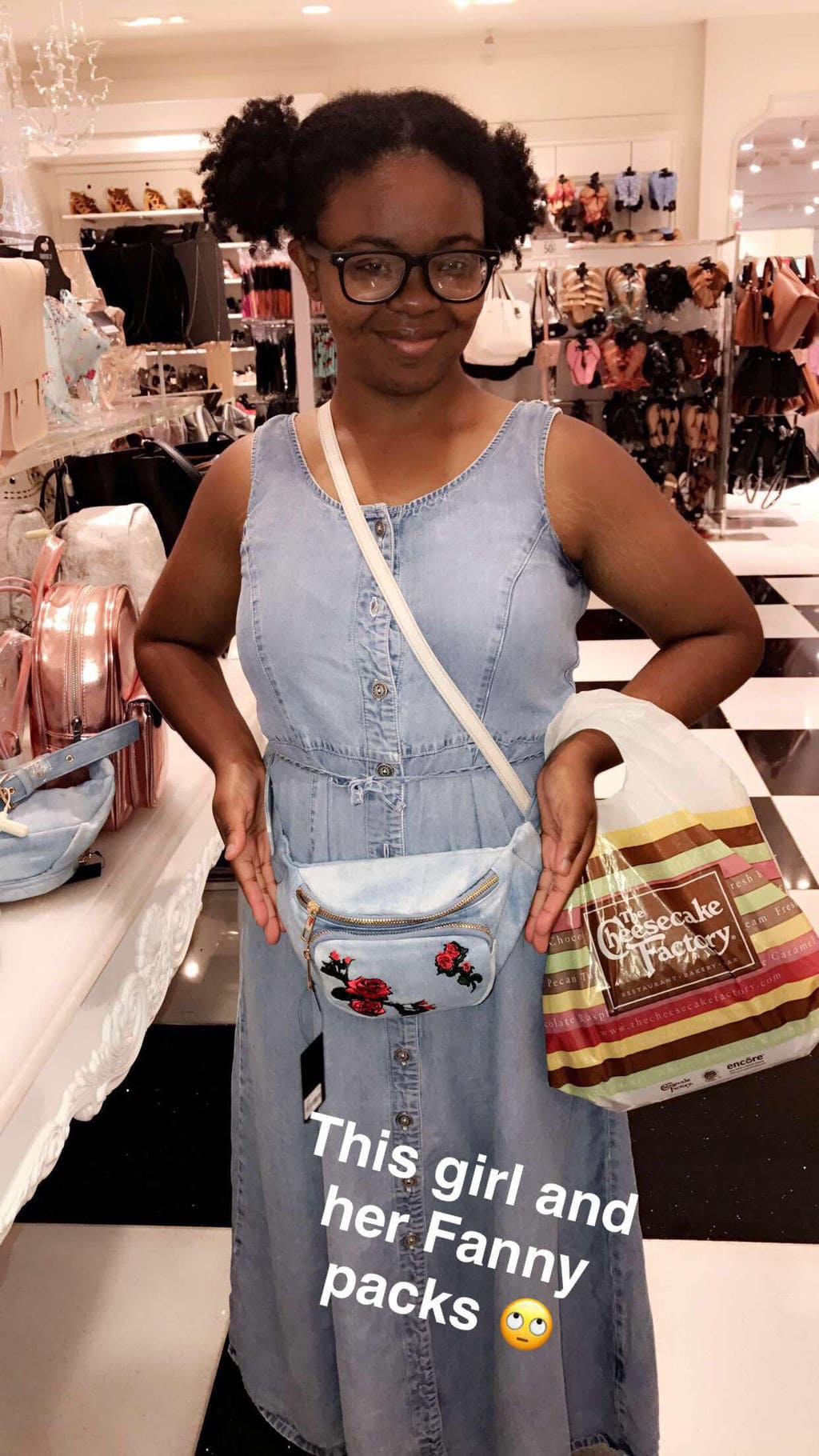College student style: Cynthia wears a denim dress, a crossbody bag, and a fanny pack