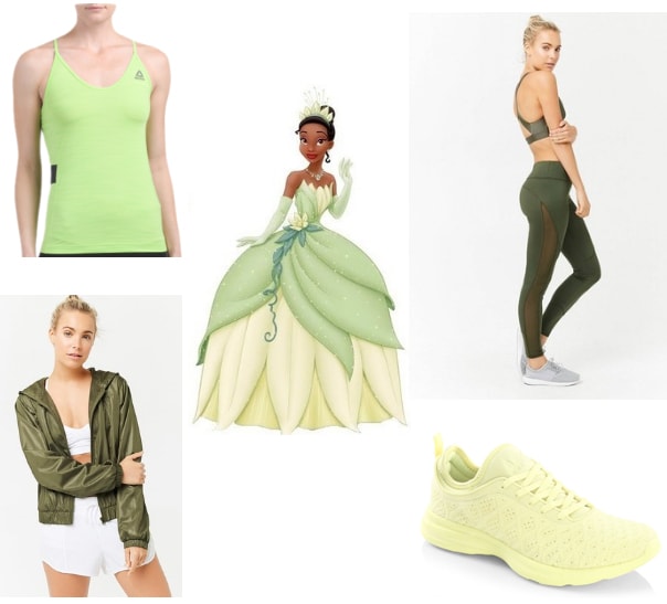 Tiana inspired workout outfit - Disney princess workout outfits - outfit includes green workout leggings, a neon green tank, camo print workout hoodie and pale yellow sneakers