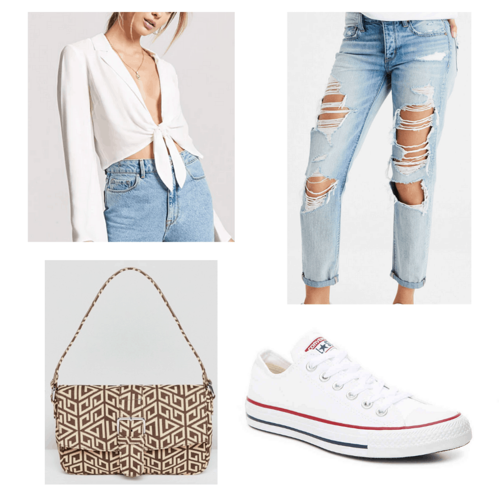 White tie-front blouse with light distressed mom jeans, white Converse sneakers, and shoulder bag