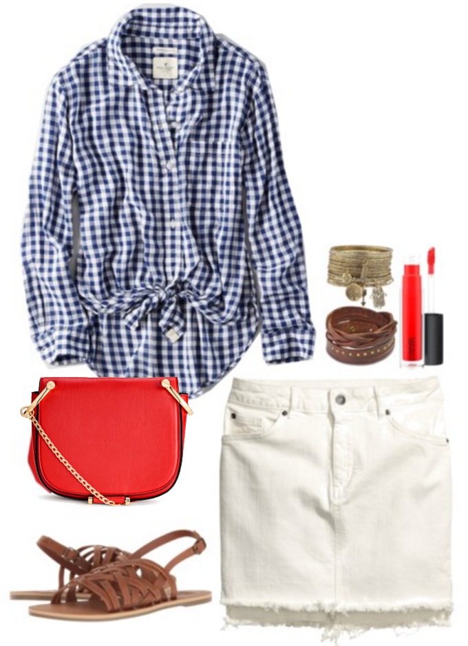 Tie front top: Evening outfit with a white denim skirt, brown sandals, red cross-body bag