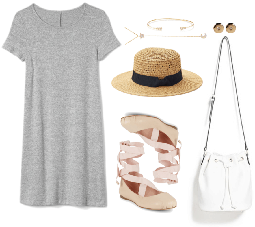 "How to Wear Tie-Up Ballet Flats" Outfit #1 featuring gray marled short-sleeved t-shirt dress, thin gold cuff bracelet with three clear stones on either side, gold star and moon lariat necklace with clear stones, straw panama hat with black bow, pale-pink ballet flats with pale pink ribbon tie, gold circular stud earrings with tiny clear stone in the center, white bucket bag with drawstring, gold hardware, and black edges