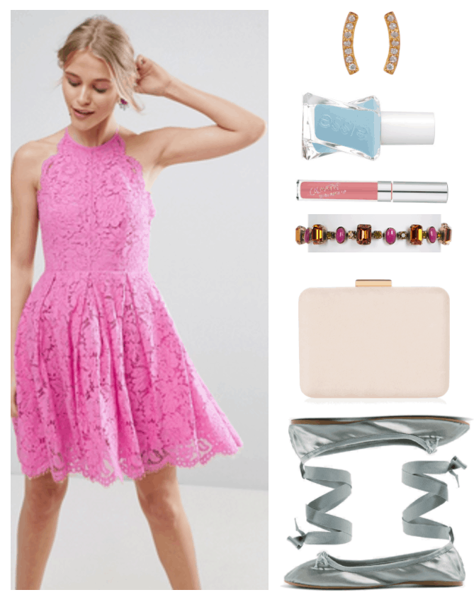"How to Wear Tie-Up Ballet Flats" Outfit #2 featuring crew-neck, racer-back, fit-and-flare bright pink lace dress with scalloped edges; gold curved bar earrings with clear stones, Essie Gel Couture nail Polish in "First View," a baby blue with subtle shimmer; Colour Pop Ultra Matte Lip liquid lipstick in "Solow," a warm, bright medium pink; antiqued-gold bracelet with orange rectangular stones, muted chartreuse circular stones, and magenta oval-shaped stones; pinkish-crème hard clutch with gold hardware; muted blue-green satin ballet flats with front bow and grosgrain ribbon ties