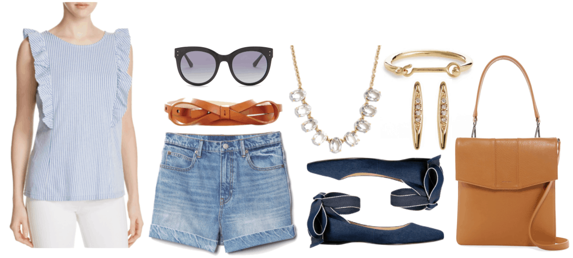 "How to Wear Tie-Up Ballet Flats" Outfit #3 featuring pale-blue-and-white shirting-striped sleeveless top with ruffle trim at front and back, black cat-eye sunglasses with faded-purple ombré lenses, skinny cognac-brown bow high-waist belt, super-high-rise light-wash denim shorts with cuff, gold statement necklace with large clear oval-shaped stones, gold bangle with hook detail, gold marquise earrings with clear stones, dark-wash denim pointed-toe ballet flats with ties with red-and-white stitching, light brown top-handle bag with shoulder strap