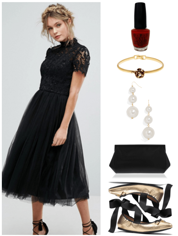 "How to Wear Tie-Up Ballet Flats" Outfit #4 featuring black high-neck short-sleeved midi-length dress with lace top and tulle skirt, OPI Nail Lacquer in "Thrill of Brazil," a classic true red; gold bangle bracelet with flower with faux pearl in the center, gold triple-pearl drop earrings, black reflective suedette clutch, metallic gold ballet flats with black bow with gold tips and Michael Kors logo charm, trim, and ribbon ties