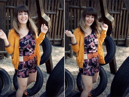 Tieka of Selective Potential in a floral romper
