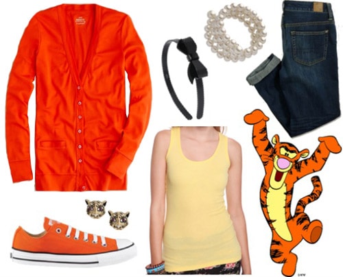 Outfit inspired by Tigger from Winnie the Pooh - Orange sweater, dark jeans, yellow tank, converse