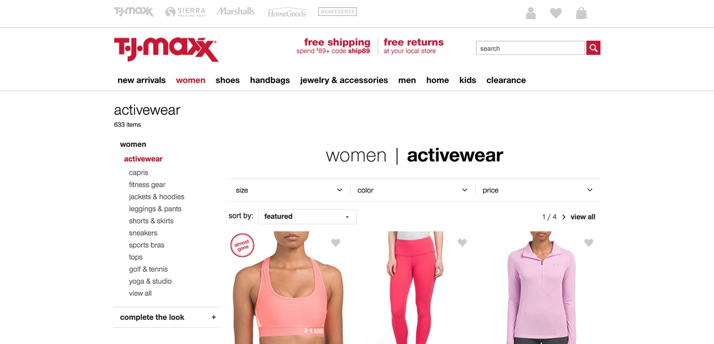 TJ Maxx activewear section